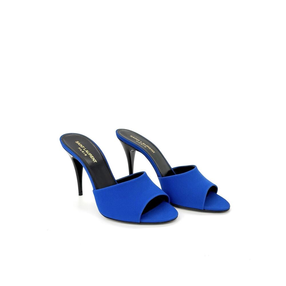 NIB Saint Laurent LA 16 Sandals EU 38 US 8 Mules Royal Blue Silk Open Toe